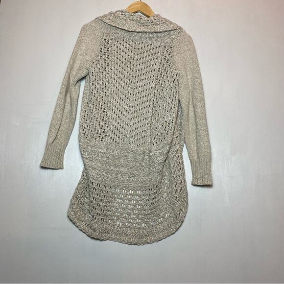 Eddie Bauer Cardigan Woman’s Medium Crochet Open Front Oatmeal Cottagecore - Picture 2 of 5